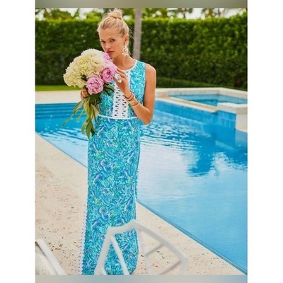 Lilly Pulitzer Ashler Stretch Maxi Dress Coral of the Story Blue Pink Lace  10 | eBay
