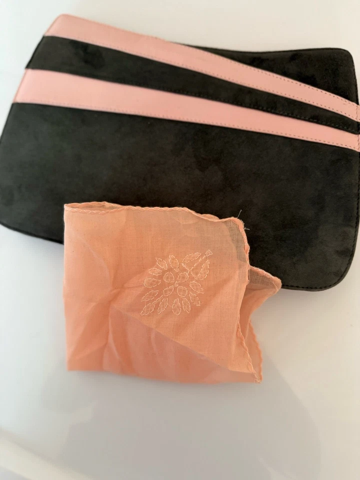 Jacques Vert Dark Green Suede Clutch Bag Purse Pink Leather Trim Snap Closure - Image 4 of 4