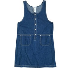 Vintage Basic Edition Denim Pinafore Dress Blue Button Front Patch Pockets M 90s