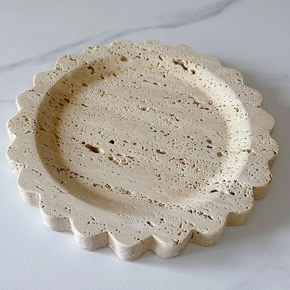 Travertine Marble Tray Round Scalloped Tray Small Serving Platter for Counter... - Image 2 of 4