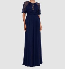 Betsy  Adam Women Blue Round-Neck Short-Lace-Sleeve Gown Dress Size 16