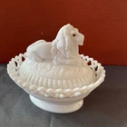 Vintage Westmoreland Milk Glass Lion Dancing Sailor w/ Lace Basket Atterbury