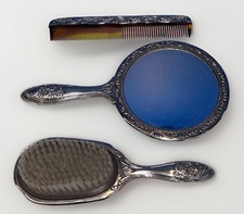 Vintage Silver Plated Antique 3pc Vanity Mirror, Brush Comb Set. Heavy.