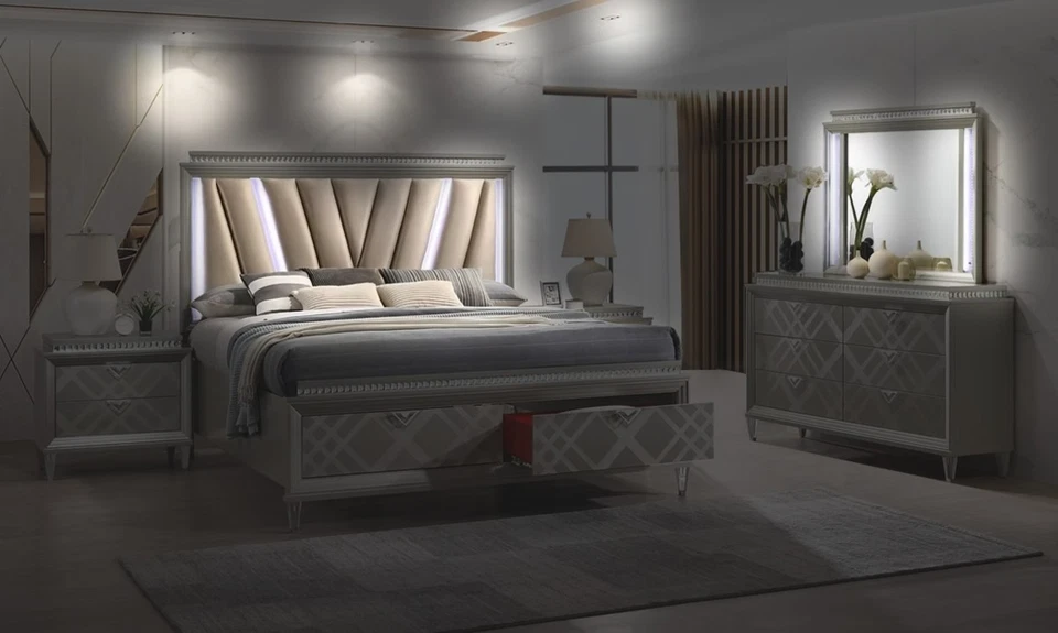 LUXURY Modern LED 4PC Champagne Gold Queen King Contemporary Bedroom Set B/D/M/N - Image 2 of 4