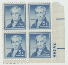 SCOTT #1038 JAMES MONROE 5¢ Plate Block 1954 MNH