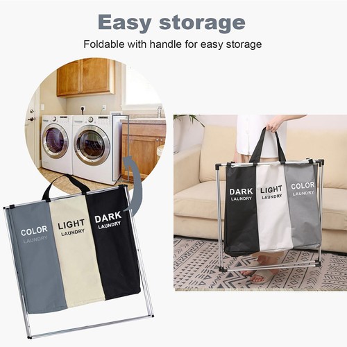 Large Laundry Basket 3 Section Foldable Dirty Clothes Hamper Storage Sorter Bag - Picture 13 of 17