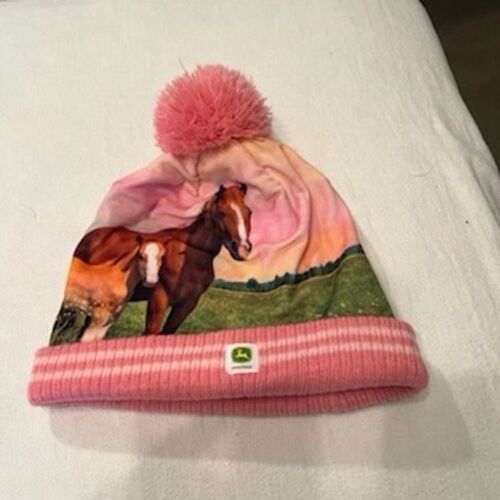 John Deere Girls' Pink Horse Graphic Pom Beanie One Size Winter Hat