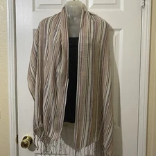 BEIGE STRIPED SCARF NECK HEAD WRAP HIJAB FRINGE 68x20 In RECTANGLE SHAWL NEUTRAL