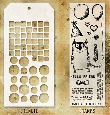 Party Cat Clear Stamp & Tiles & Splotches Stencil Set by Tim Holtz NEW!