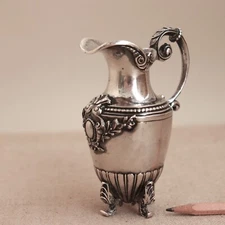 19th C French Silver Cream Pitcher Creamer Ornate Footed Milk Jug Antique Pot