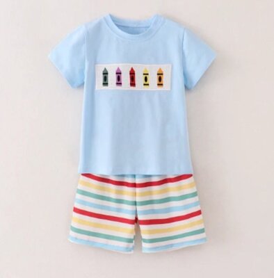 NEW Boutique Back to School Smocked Embroidered Crayon Boys Shorts Outfit Set