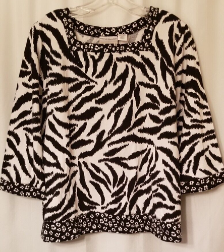Alfred Dunner Tunic Top Animal Print Size 1X Black & White Square Neckline
