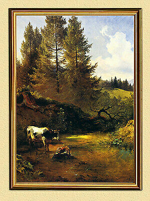 FRIEDRICH GAUERMANN PAISAJE DE ARROYOS CON VACA FACSÍMIL 31 en marco dorado - Imagen 1 de 1