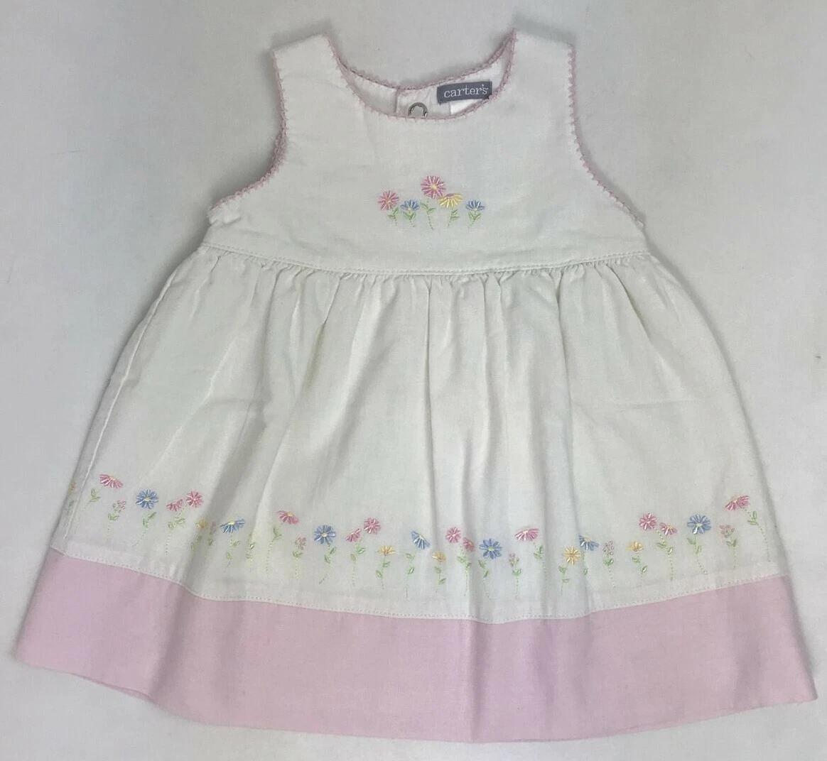 Carters White Dress Embroidered Flowers 6 Months Lined Sleeveless Pink Stitch