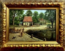 "At the village pond" B. Giordano, signed oil painting