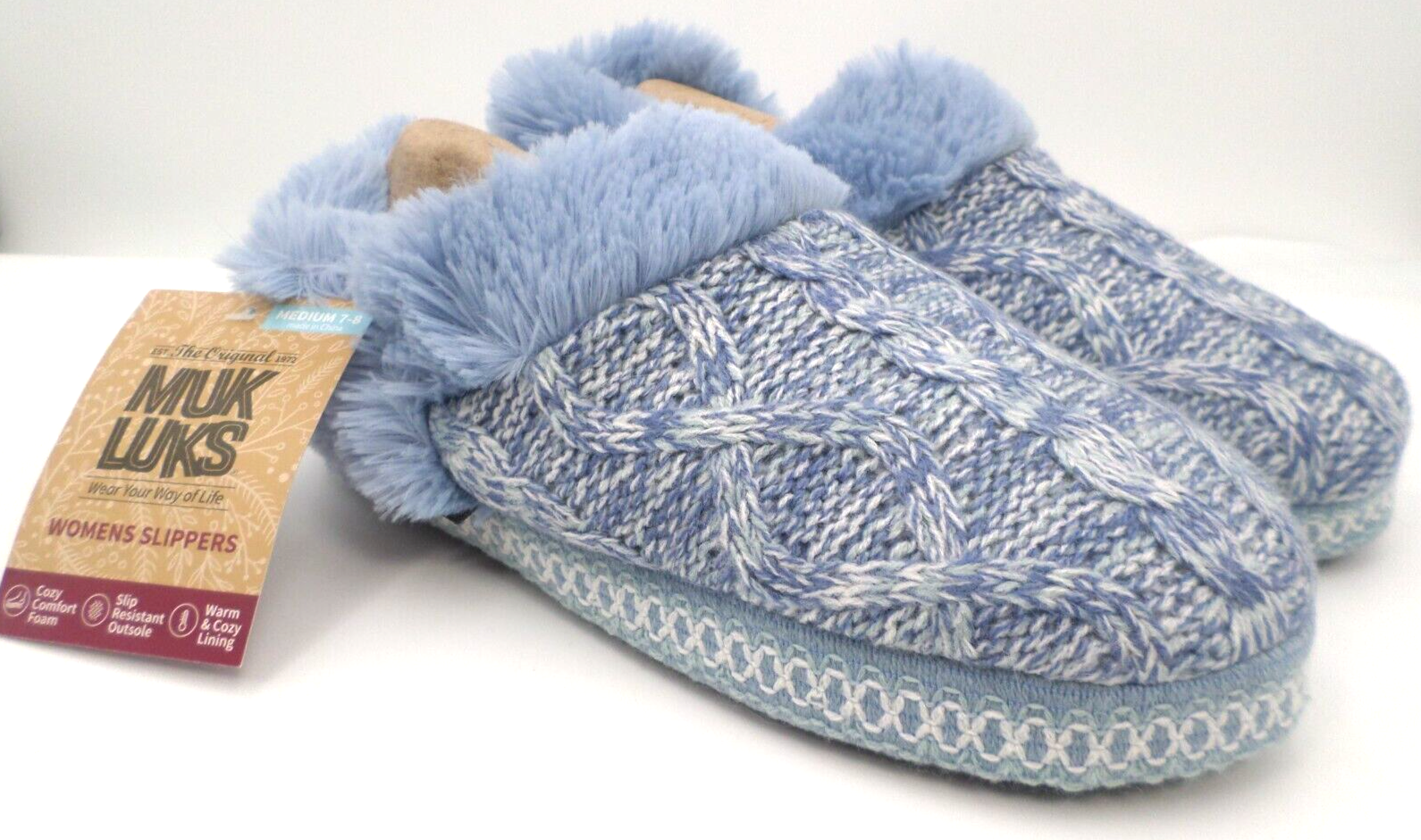 SAOLA Pantofole Muk Luks foderate in pelliccia blu e bianca taglia media 7 8 suola antiscivolo