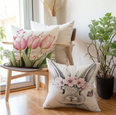 2er Set Kissenbezug Blumen Osterhase & Tulpen Muster, Ostern Wohndeko