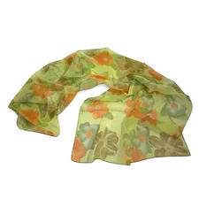 Orange Green Floral Womens Scarf Wrap Flowers Leaves MCM Rectangle Sheer