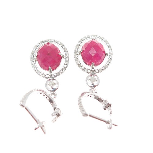 925 Sterling Silver Real Diamond & Oval-Cut Ruby Dangle Earrings - Picture 7 of 8