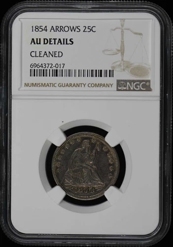 1854 ARROWS Seated Liberty Quarter 25C NGC AU Cleaned Details