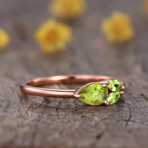 14k Rose gold Marquise-Pear Accent Peridot Trilogy Wedding Ring Gift for Girls - Picture 3 of 4