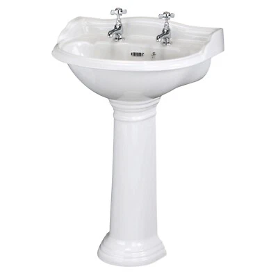 HUDSON REED 500mm Basin & Full Pedestal 2 Tap Hole Traditional Round Bathroom Sink Ceramic