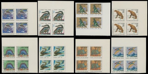 1979, VIETNAM, DINOSAURS, IMPERF SET IN CORNER BLOCKS OF 4, NH, SC. #972-79 IMP