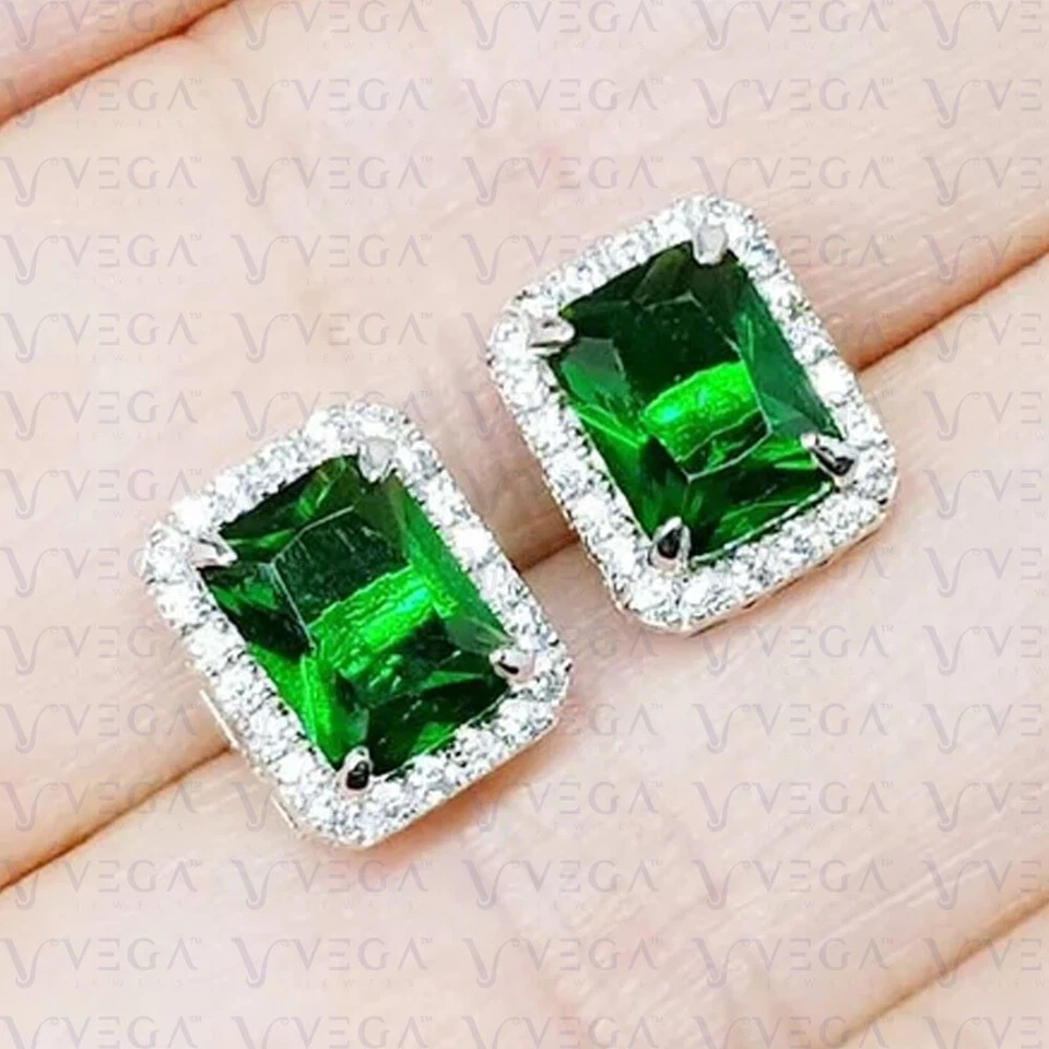 5.50 克拉辐射天然碧玺和钻石耳钉 18k 镀白金 — 第 2/4 张图片