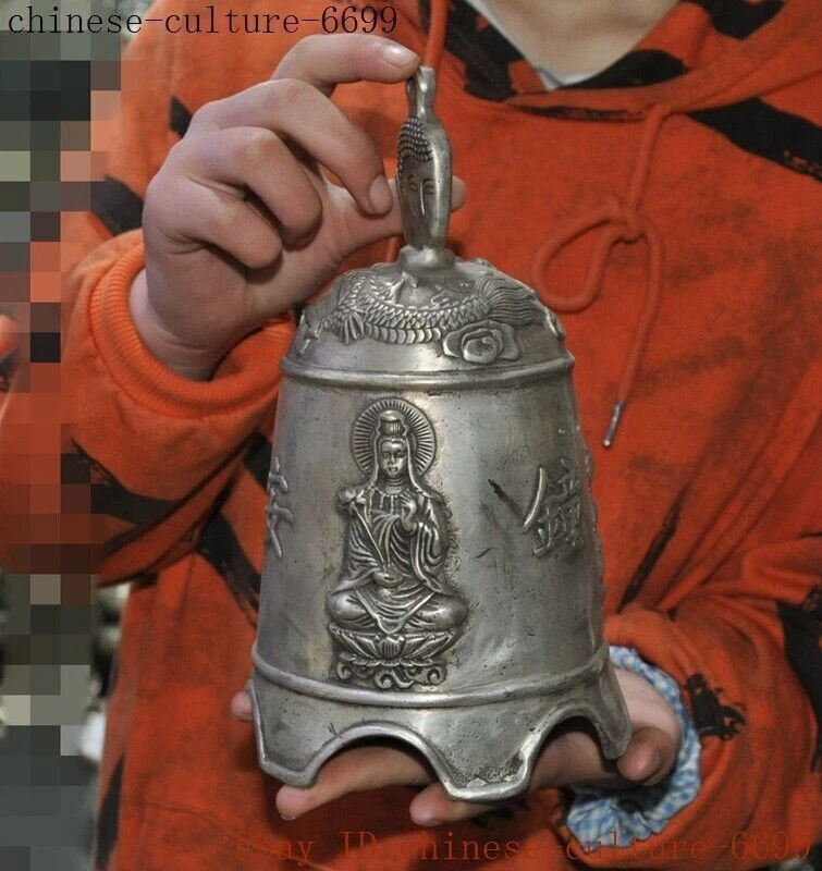 9英寸中国藏银释迦牟尼佛头观音女神钟钟 — 第 3/4 张图片