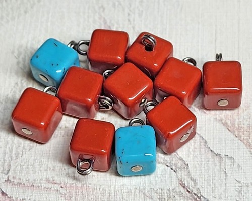11 Tiny Diminutive Pin Shank Buttons ~ 9 Red & 2 Turquoise 3D Cube Shape ~ 5/16" - Picture 2 of 5