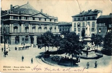 View Of People And Leonardo Statue In Piazza della Scala, Milan, Italy Postcard