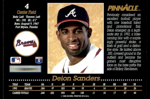1993 Pinnacle #4 Deion Sanders - Picture 2 of 2
