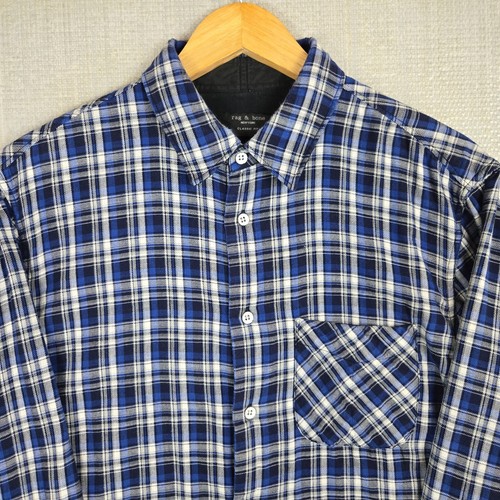 RAG BONE Mens 2 Ply Cotton Flannel Sport Shirt Size Large Mens Blue Plaid Check - Picture 13 of 15