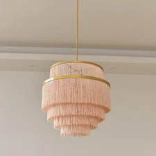 5-Tiered Boho Chandelier Gold,3 Lights Pink Fringe Pendant Light Fixture,Tass...