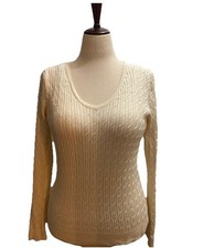 Talbots 100 Pima Cotton Sweater Womens Size Large Ivory Cream Cable Knit V-Neck