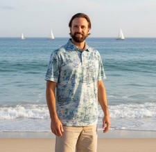 Izod Saltwater Tropical Polo Shirt Men's Small Blue Graphic Sailboat Beach