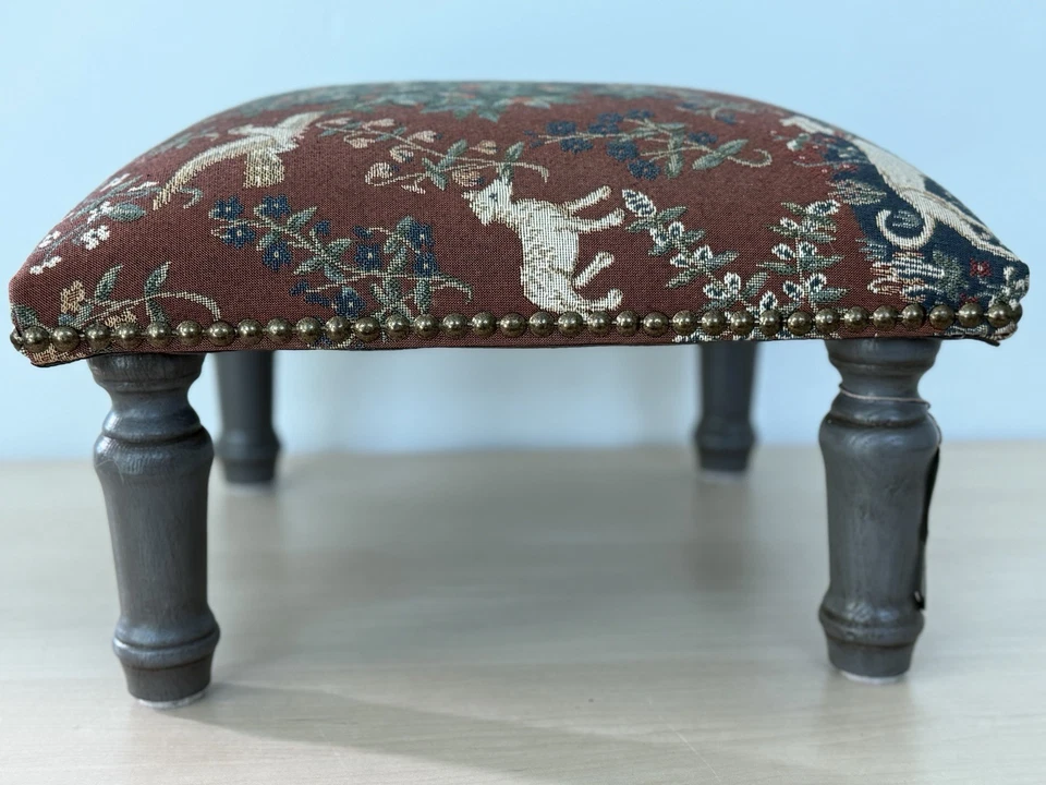 Vintage Tapestry Footstool Ottoman w/ Chalk Painted Wood Legs 10” - Image 3 of 4