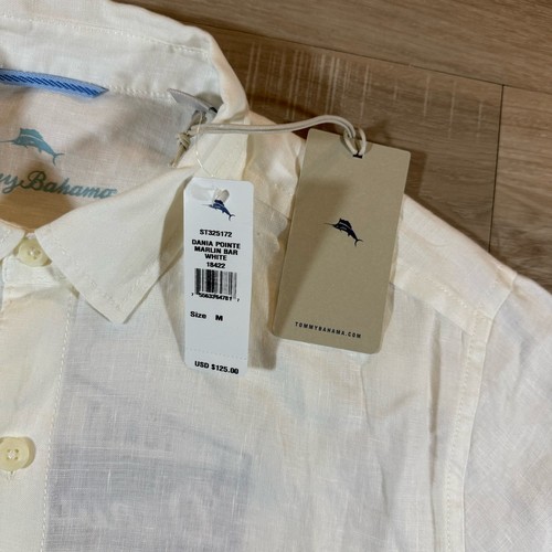 NWT Tommy Bahama Shirt Mens M White 100% Linen Dania Pointe Marlin Bar Logo - Picture 3 of 9