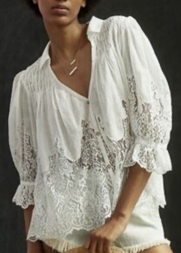 Anthropologie Women’s Ivory Victorian Sheer V-Neck Lace Collared Blouse 2X