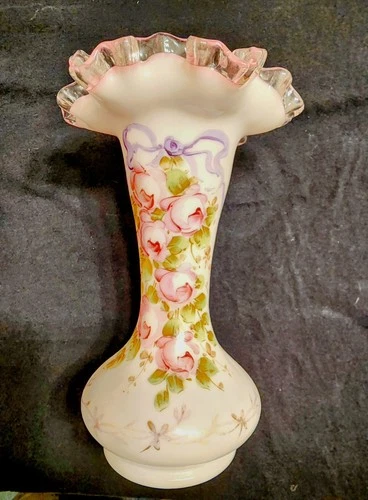 Fenton Charleton Peach Crest Ruffle Hand-Painted Vase Floral Pink Rose White 8"