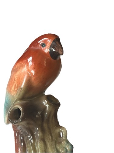 Vaso vintage rosso smaltato uccellino tropicale su albero Cecoslovacchia bocciolo ceramica - Foto 2 di 11