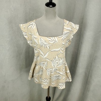 New Loft Womens Blouse Medium Beige White Leaves Cap Flutter Sleeves NWT