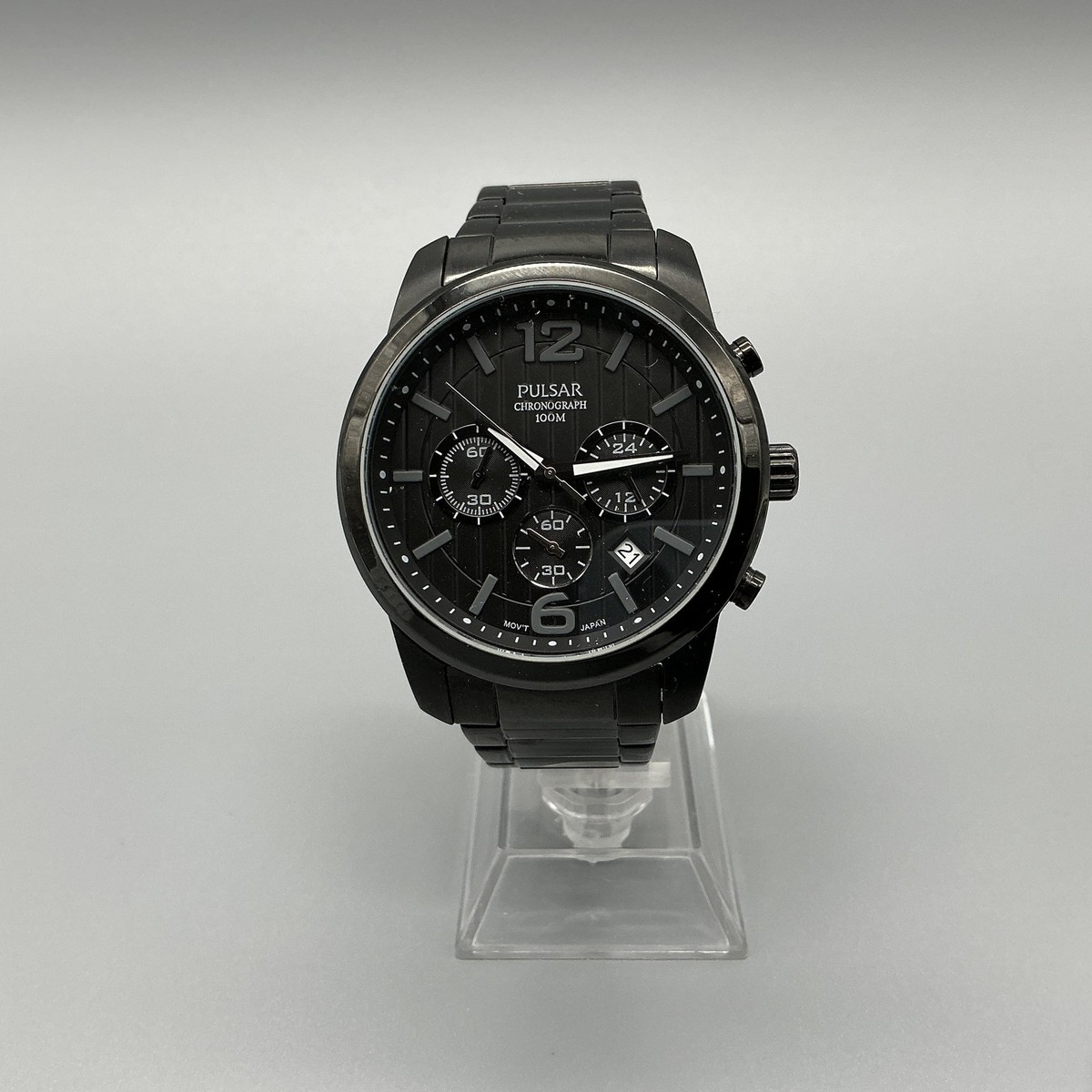 Pulsar Mens Watch 44mm Black Dial Chronograph Steel VD53-X079 New
