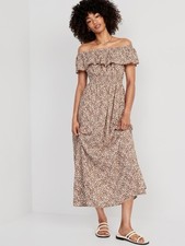 Old Navy Women’s Off The Shoulder Maxi Dress Size XXL Tall Brown Tropical Print