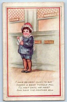 c1910s Boy At Post Office I'll Wait Until We Meet And Save Postage Bill Postcard