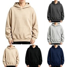 Men's Solid Hooded Sweatshirt Long Sleeve Fleece Pullover Top Loose Casual Top