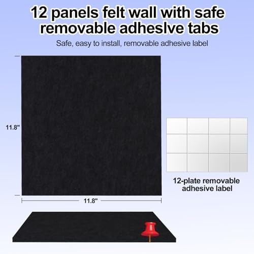 Large Bulletin Board Black Cork Board Alternative 12 Pack Felt Wall Tiles with - Picture 4 of 8