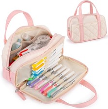 2 Compartment Pencil Case For Girls,Zipper Pencil Bag With Handle, Large Pink