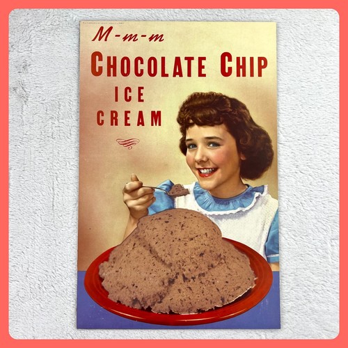 1950s Ice Cream Vintage Advertising Sign 20" Cardboard Girl Chocolate Chip USA