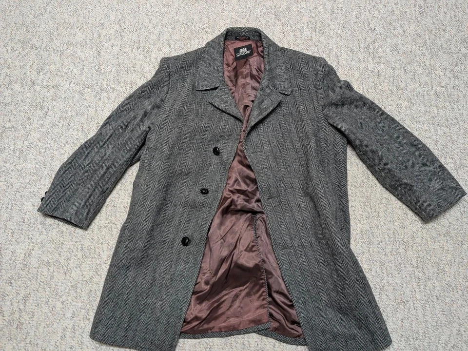 vintage OVERCOAT trench TWEED herringbone 44 gray WOOL donegal irish STAFFORD - Image 3 of 4